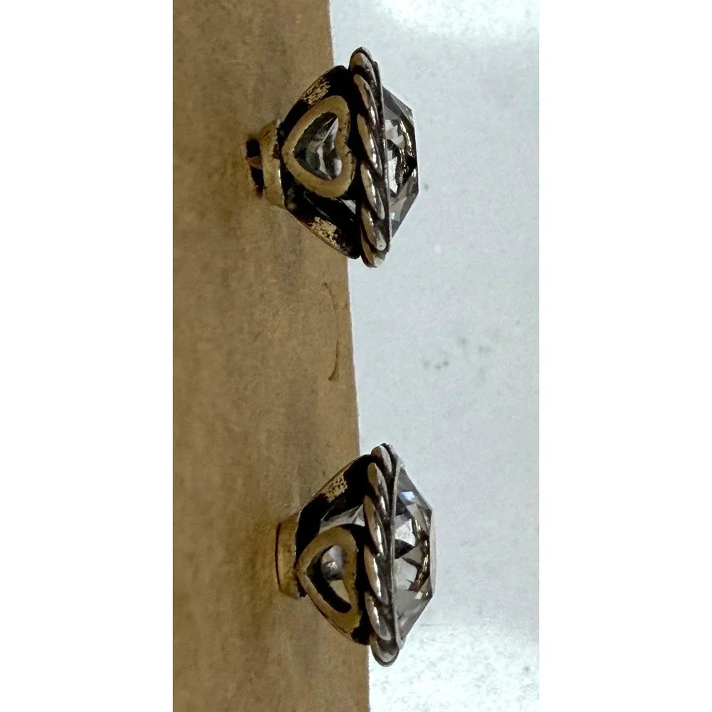 Brighton Iris Round Faceted‎ Clear Stone Stud Earrings Rope Border Heart Cutout